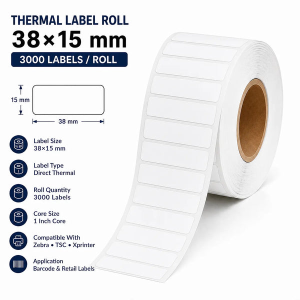 38×15mm Thermal Label | ₹0.04/Label | 3,000 Labels/Roll