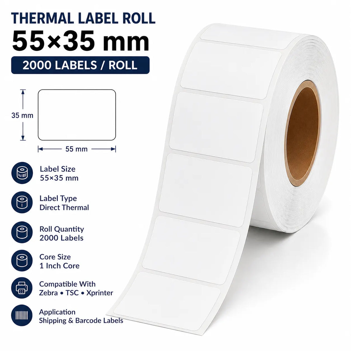 55×35mm Thermal Label | ₹0.05/Label | 2,000 Labels/Roll
