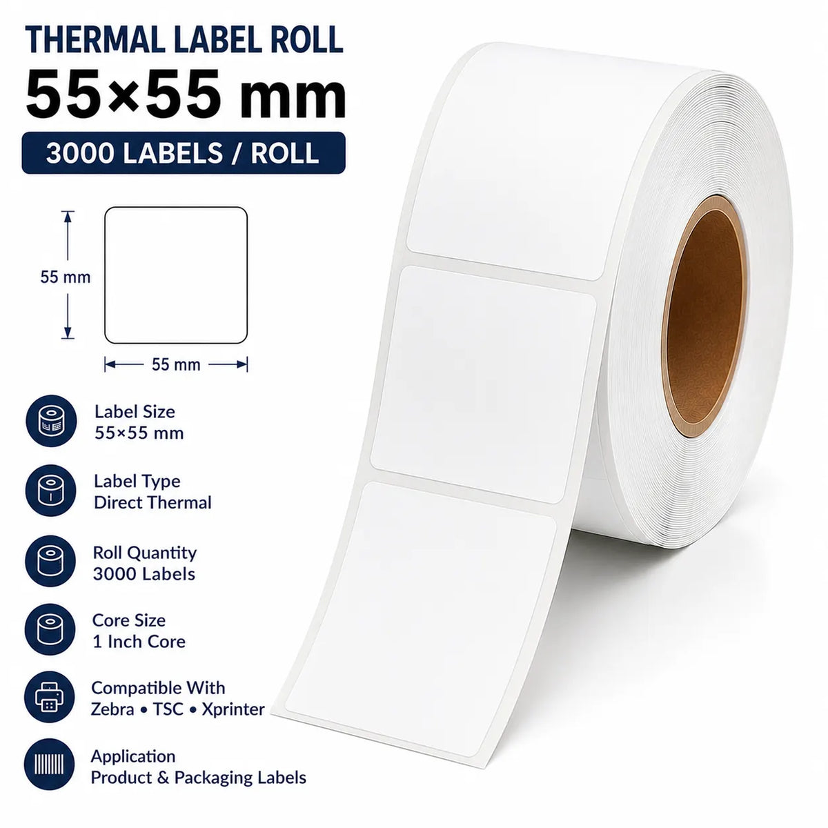 55×55mm Thermal Label | ₹0.16/Label | 3,000 Labels/Roll