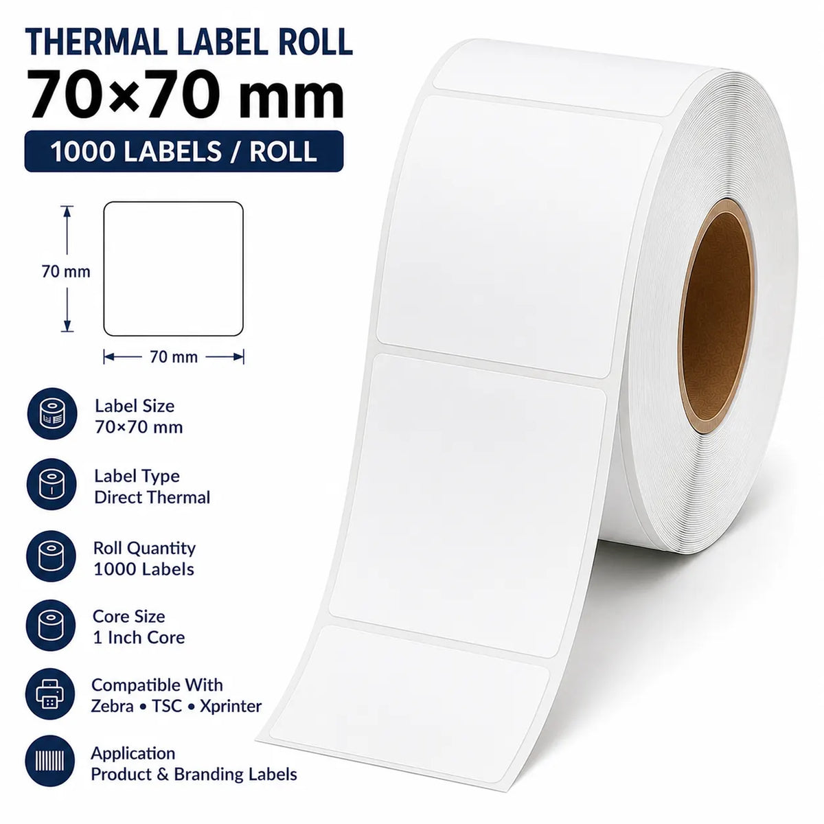 70×70mm Thermal Label | ₹0.26/Label | 1,000 Labels/Roll