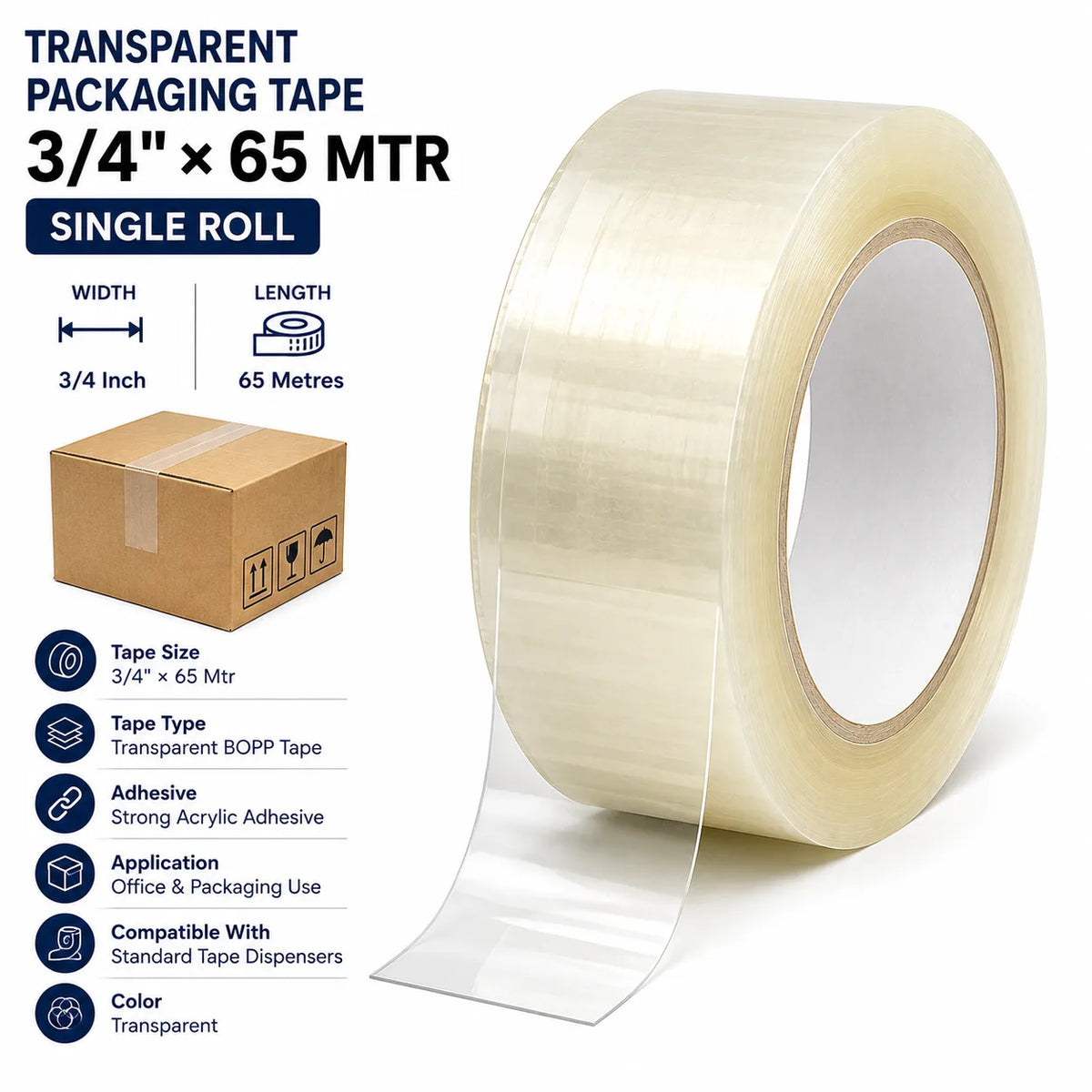 3/4" × 65 Mtr | Transparent Packaging Tape| ₹12.69/Roll