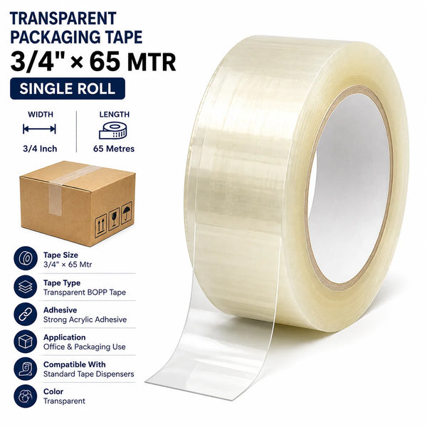 3/4" × 65 Mtr | Transparent Packaging Tape| ₹12.69/Roll