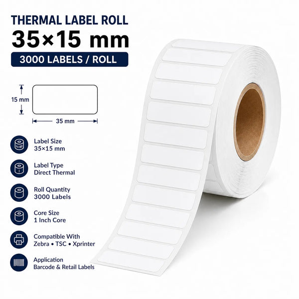 38×15mm Thermal Label | ₹0.04/Label | 3,000 Labels/Roll
