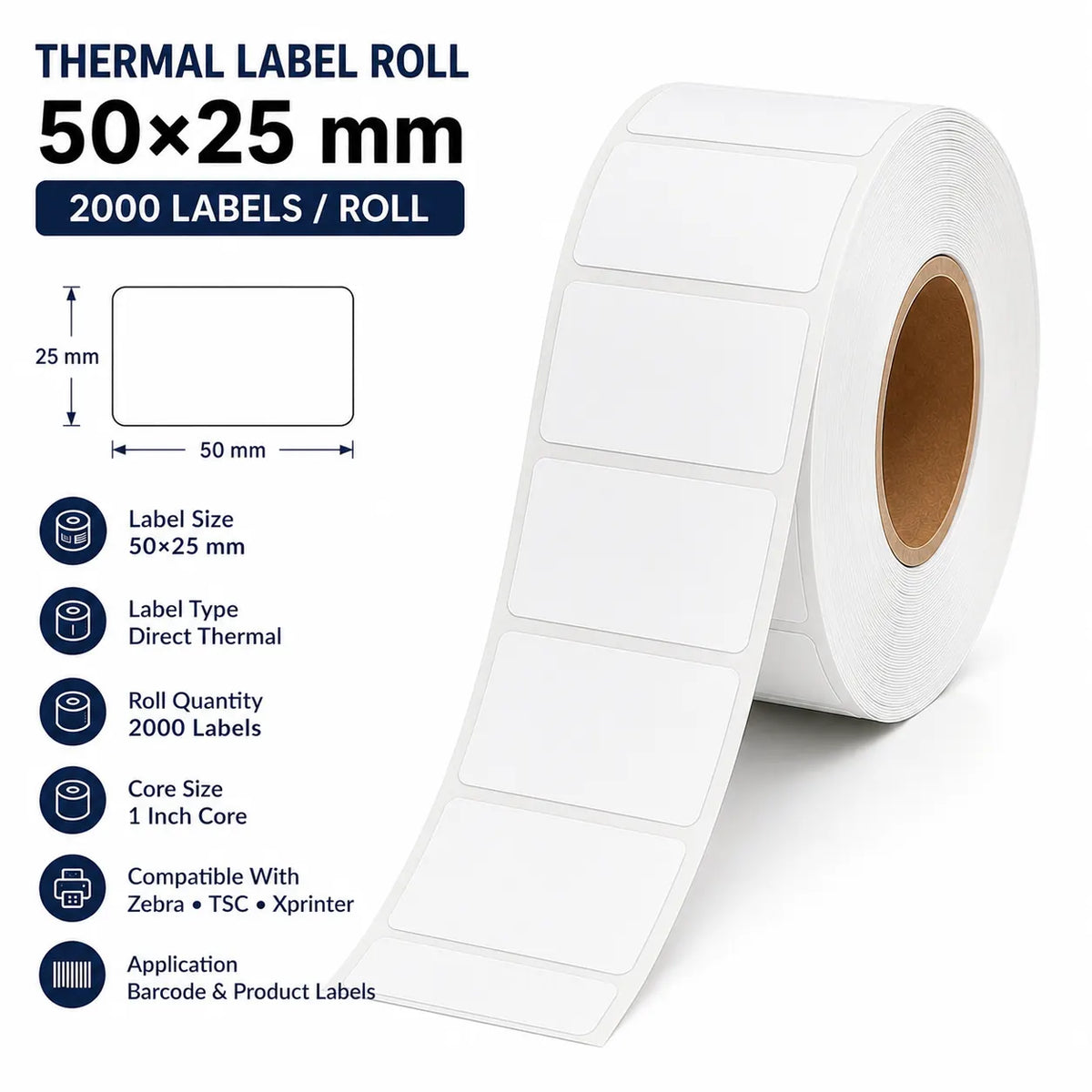50×25mm Thermal Label | ₹0.06/Label | 2,000 Labels/Roll