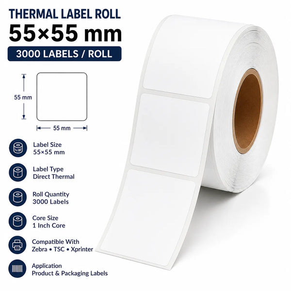 55×55mm Thermal Label | ₹0.16/Label | 3,000 Labels/Roll